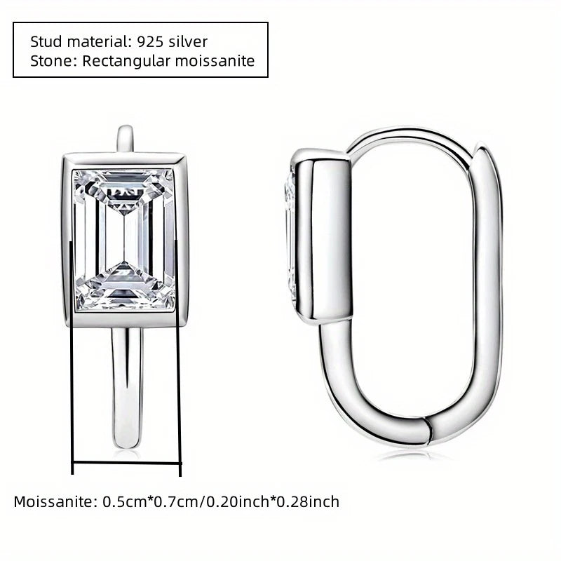 Emerald-Cut Moissanite Hoop Earrings in Sterling Silver — Silver rectangular bezel dimensions