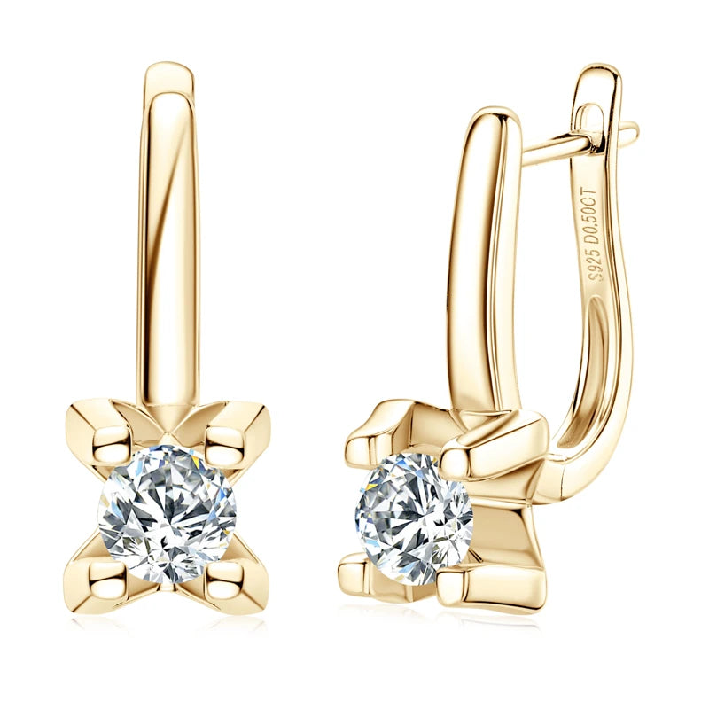 Moissanite Leverback Drop Earrings in Sterling Silver — Gold-Tone finish, front and side