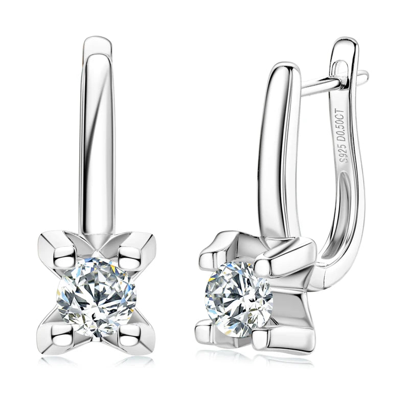Moissanite Leverback Drop Earrings in Sterling Silver — Silver finish, front and side
