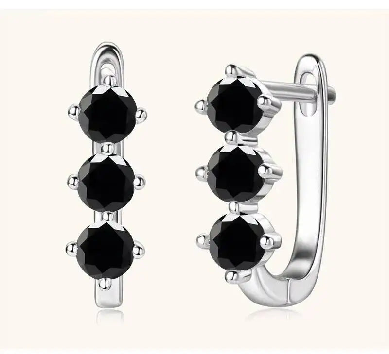Colored Three-Stone Moissanite Hoop Earrings in Silver — Black silver pair