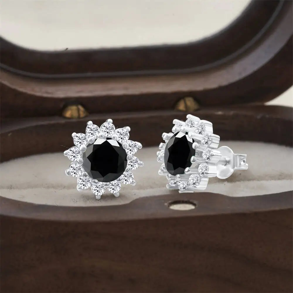 Moissanite Sunburst Halo Stud Earrings in Sterling Silver — Black — BandsCo Straps