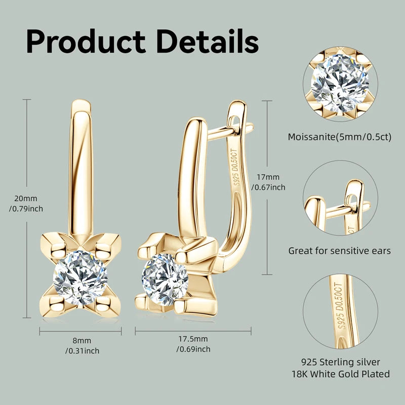Moissanite Leverback Drop Earrings in Sterling Silver — 5mm stone and earring dimensions