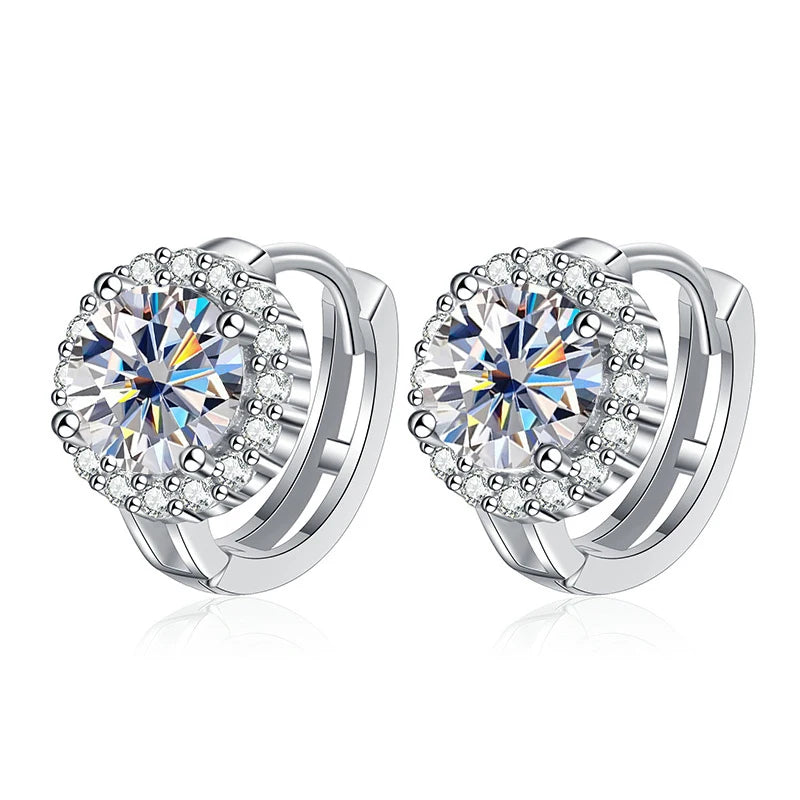 Colored Round Halo Moissanite Hoop Earrings in Silver - White centers