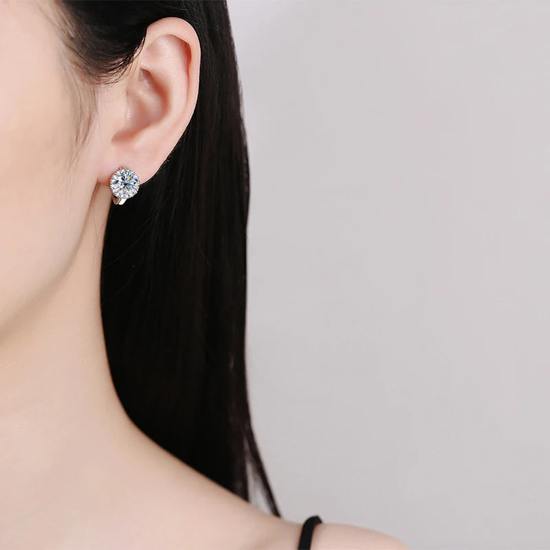 Colored Round Halo Moissanite Hoop Earrings in Silver - Halo earrings on model