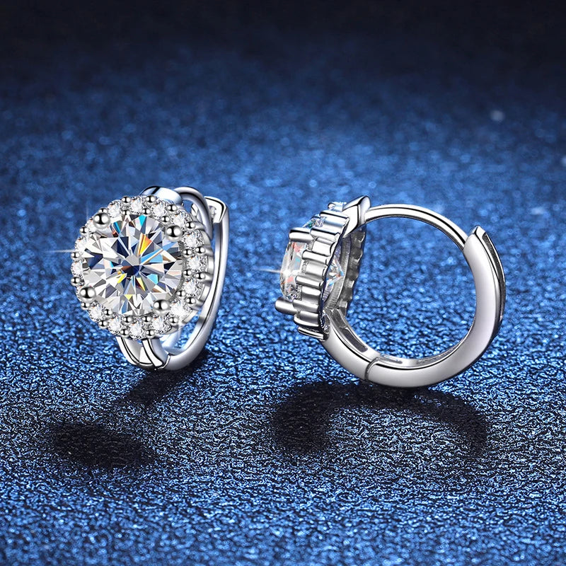Colored Round Halo Moissanite Hoop Earrings in Silver - Open hinged hoop and rear setting