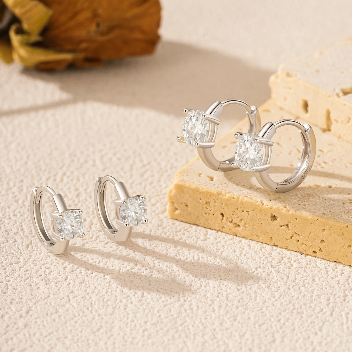 Round Solitaire Moissanite Hoop Earrings in Sterling Silver - Two hoop sizes compared