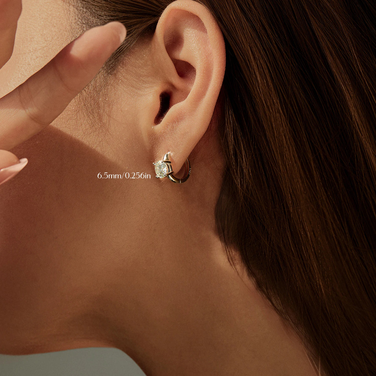 Round Solitaire Moissanite Hoop Earrings in Sterling Silver - Hoop earrings on model