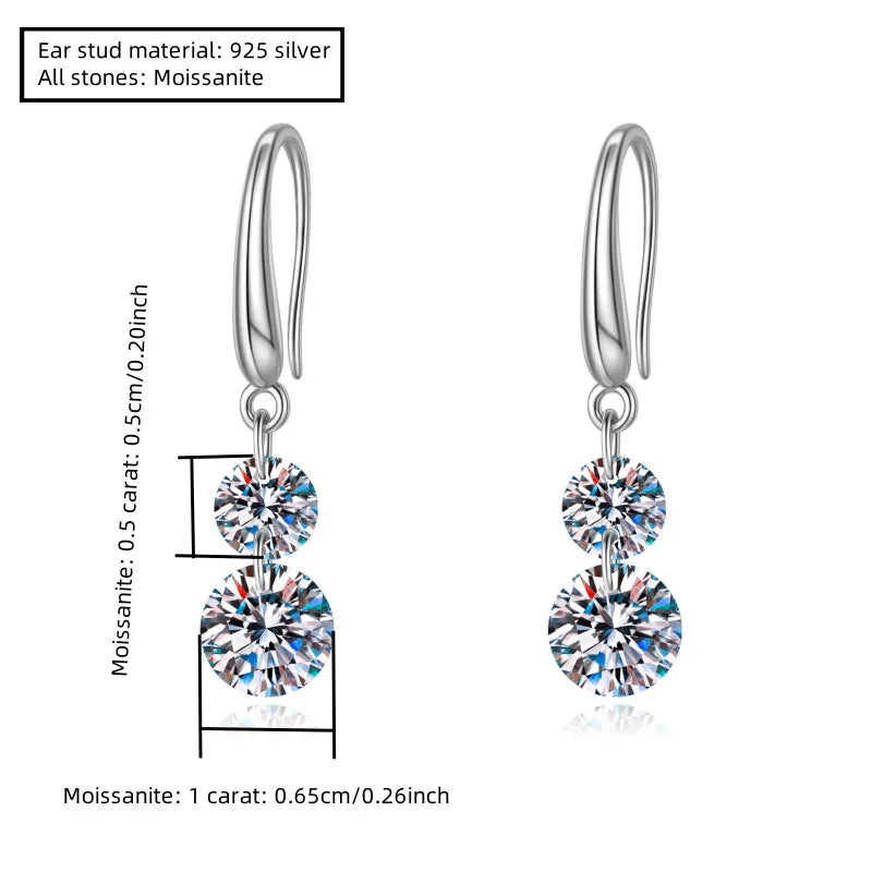 Two-Stone Moissanite Hook Drop Earrings in Sterling Silver — Graduated stone-size guide