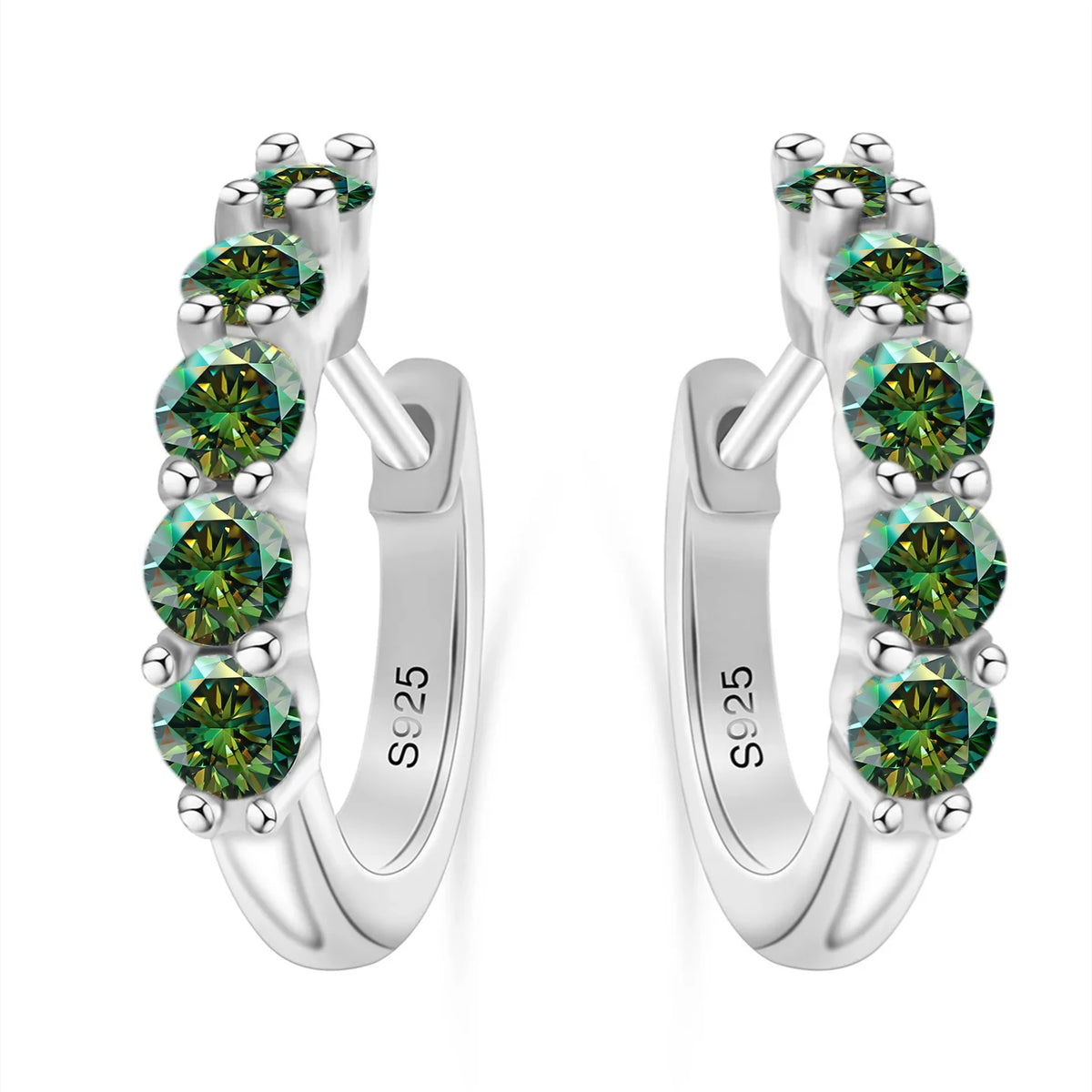 Colorful Five-Stone Moissanite Hoop Earrings in Sterling Silver — Green stone comparison