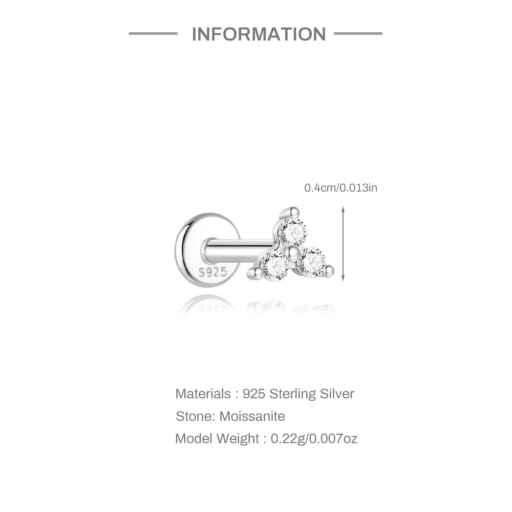 Single Moissanite Earring: Mini Stud & Hoop Styles - three-stone stud dimensions