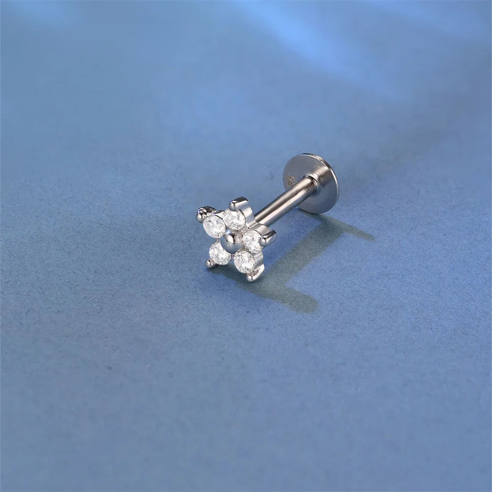 Single Moissanite Earring: Mini Stud & Hoop Styles - flower stud close-up