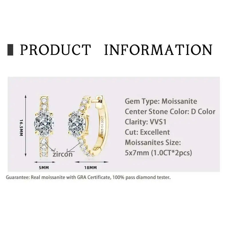 Colorful Oval Moissanite Hoop Earrings in Sterling Silver — 5 x 7mm oval stone and hoop specifications