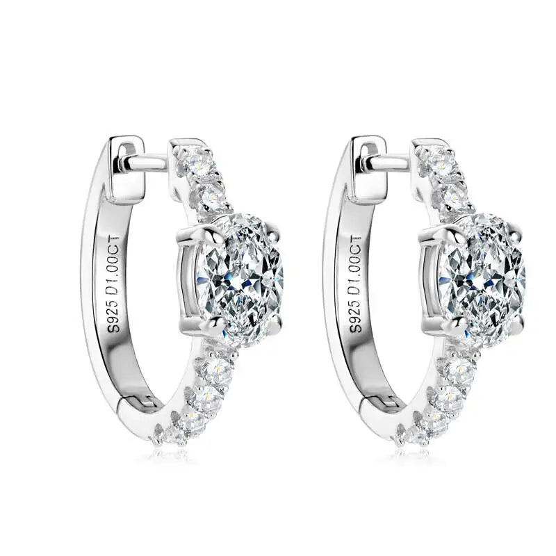 Colorful Oval Moissanite Hoop Earrings in Sterling Silver — White oval centers with accent stones