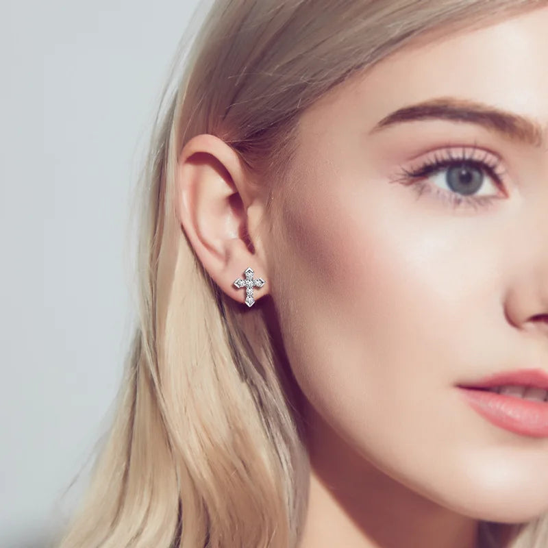 Moissanite Arrow Cross Stud Earrings in Sterling Silver — Cross studs worn on ear — BandsCo Straps