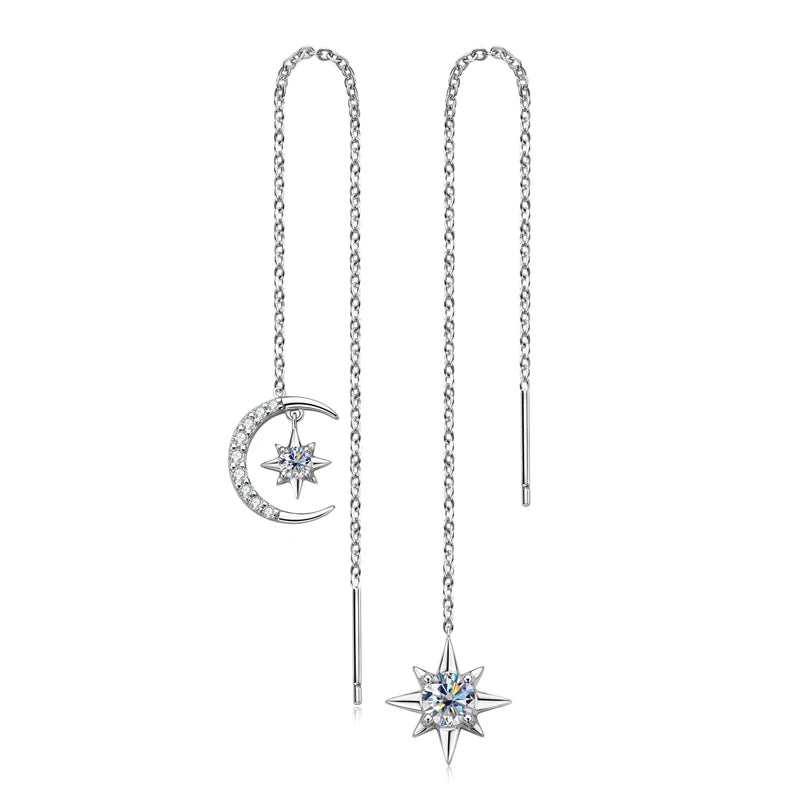 Star & Moon Moissanite Chain Threader Earrings - Silver star and moon threaders