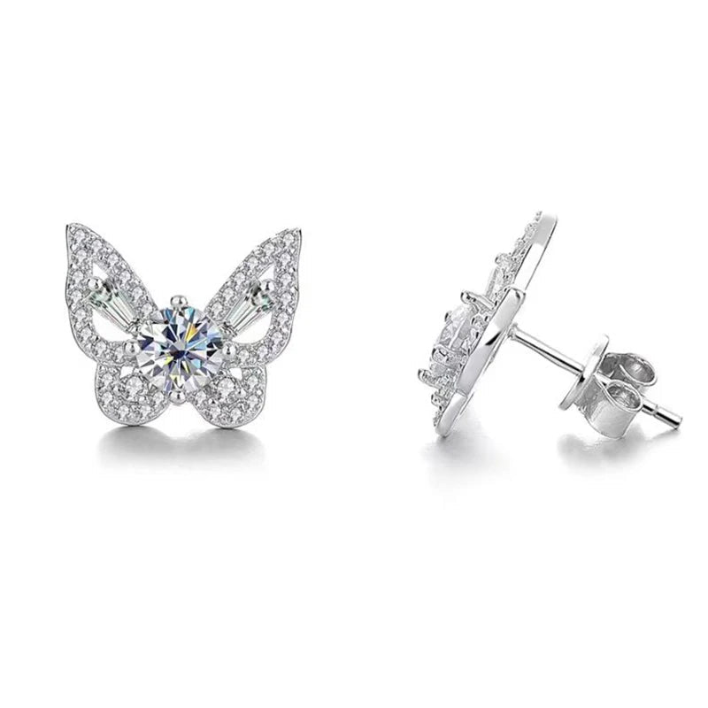 Butterfly Moissanite Stud Earrings in Sterling Silver — Butterfly front and side