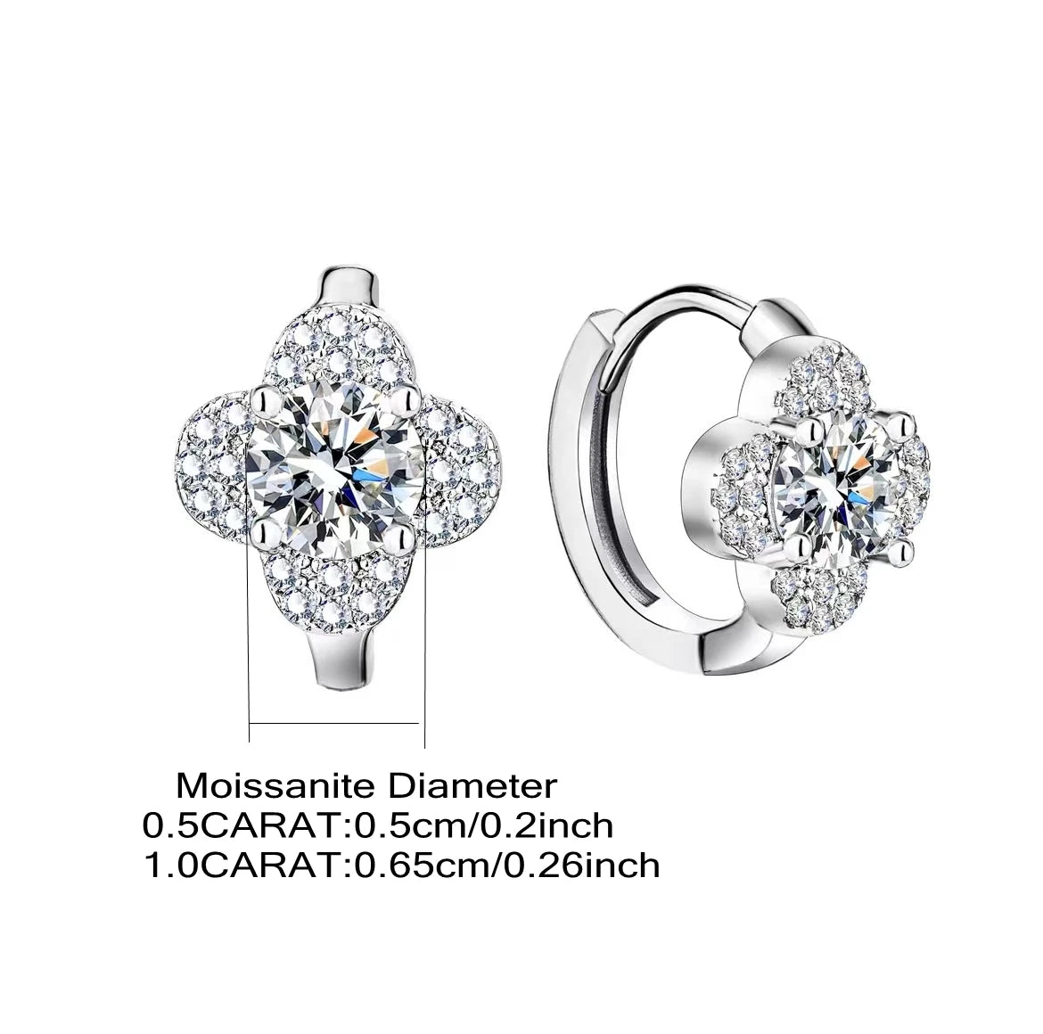 Clover Halo Moissanite Hoop Earrings in 925 Sterling Silver — Center-stone size guide