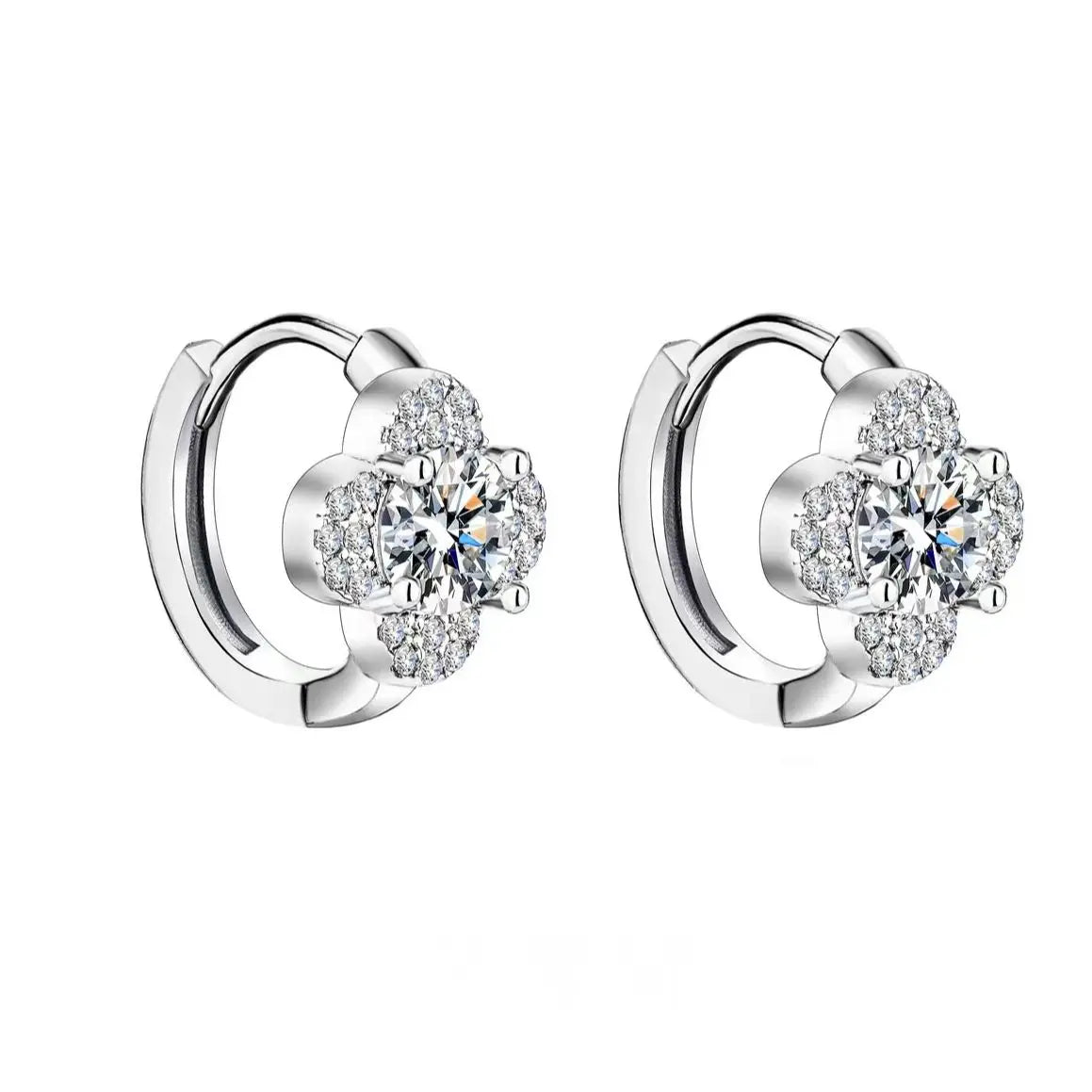 Clover Halo Moissanite Hoop Earrings in 925 Sterling Silver — Front view