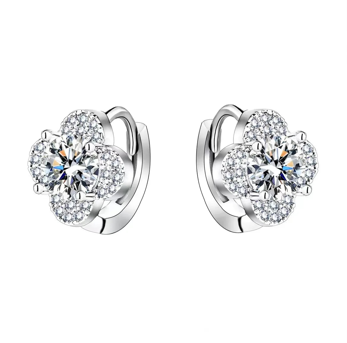 Clover Halo Moissanite Hoop Earrings in 925 Sterling Silver — Angled pair