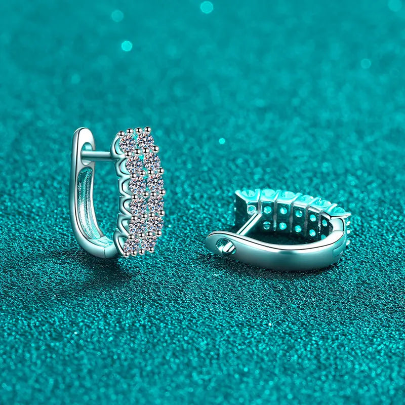 Pavé Moissanite Huggie Hoop Earrings in Sterling Silver — Hinged closure detail