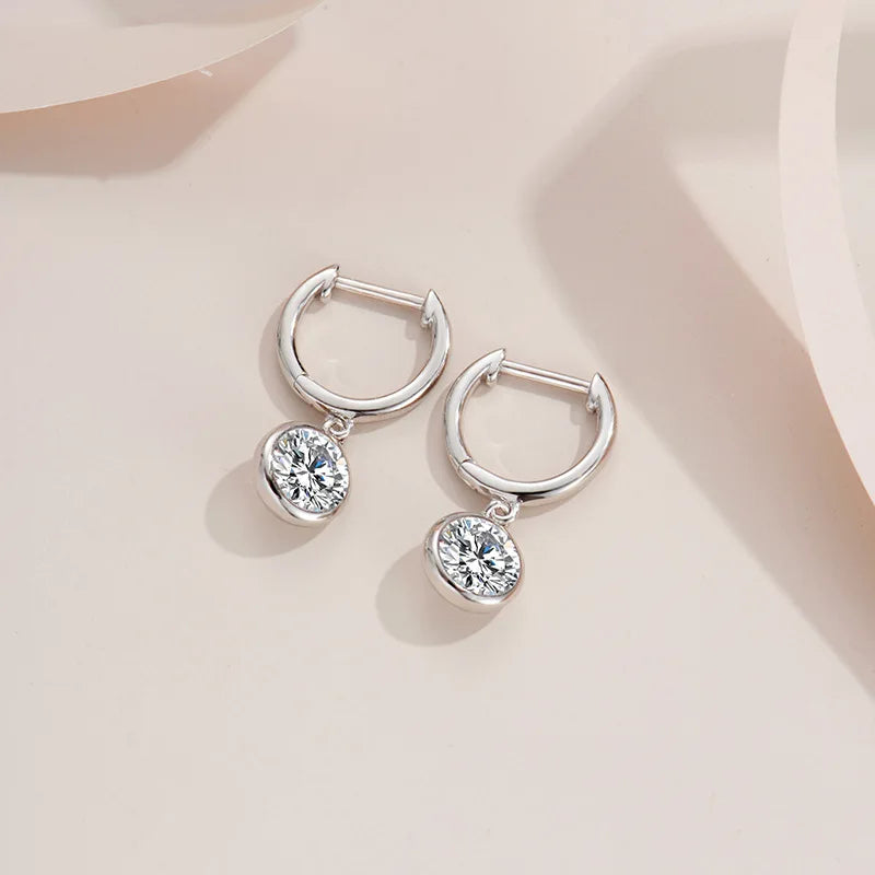 Bezel Moissanite Hoop Drop Earrings in Sterling Silver — Open hinged hoop detail