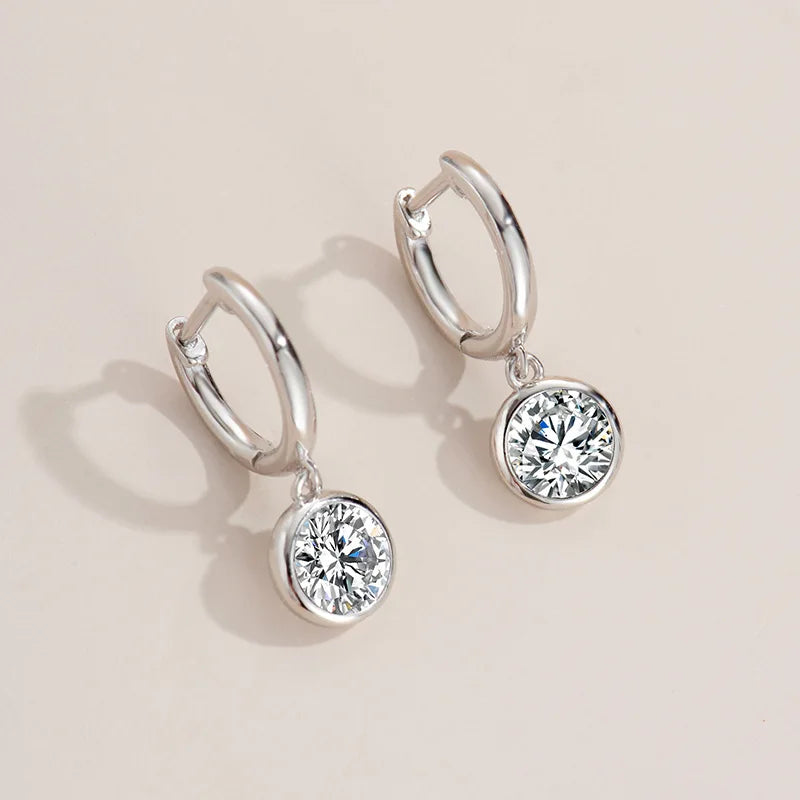 Bezel Moissanite Hoop Drop Earrings in Sterling Silver — Angled view