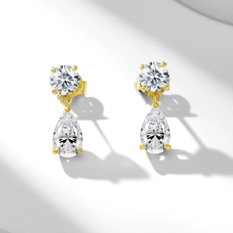 Round & Pear Moissanite Drop Earrings in Sterling Silver - Gold-tone pair