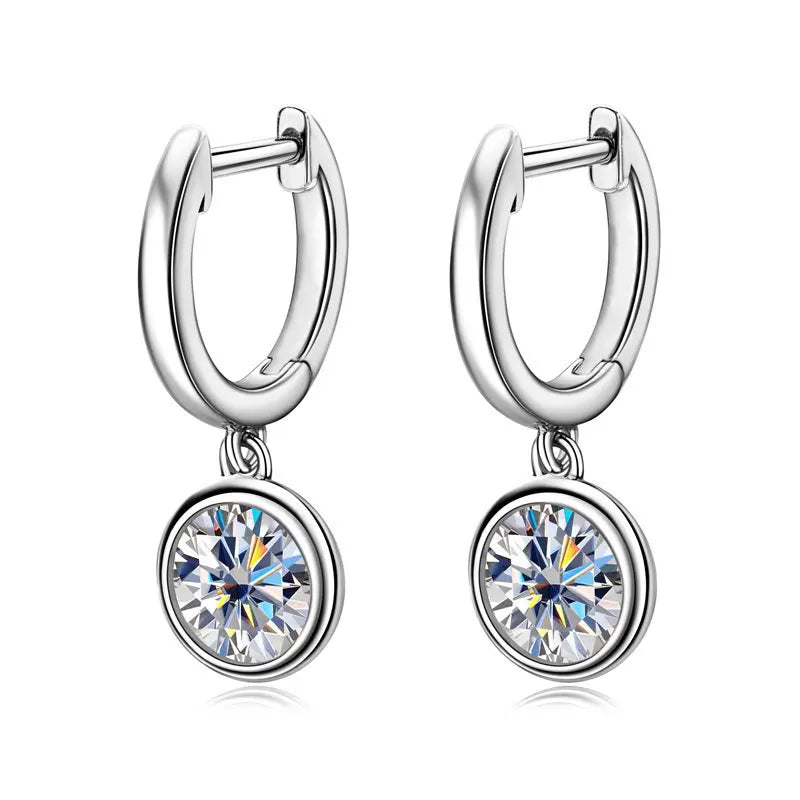 Bezel Moissanite Hoop Drop Earrings in Sterling Silver — Round bezel drops