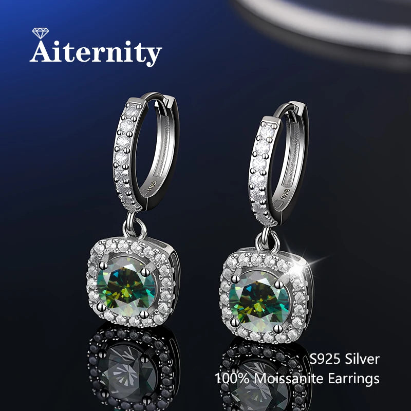 Colored Halo Moissanite Hoop Drop Earrings in Silver — Green square-halo pair