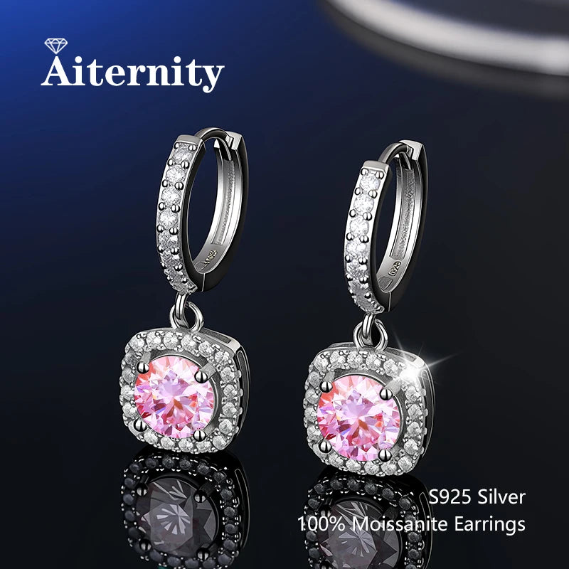 Colored Halo Moissanite Hoop Drop Earrings in Silver — Pink square-halo pair