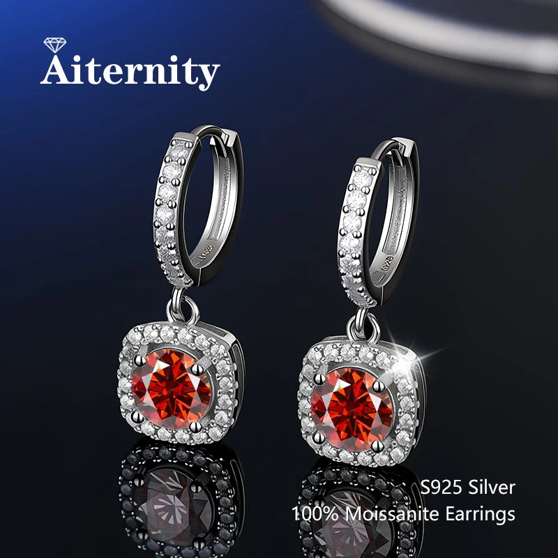 Colored Halo Moissanite Hoop Drop Earrings in Silver — Red square-halo pair