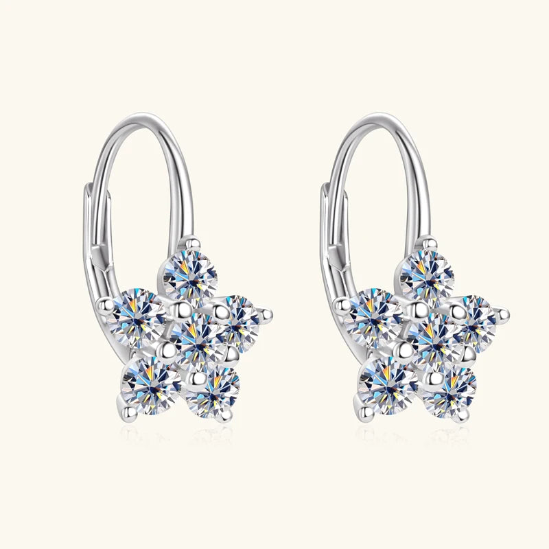 Flower Cluster Moissanite Leverback Earrings in Sterling Silver — Silver front