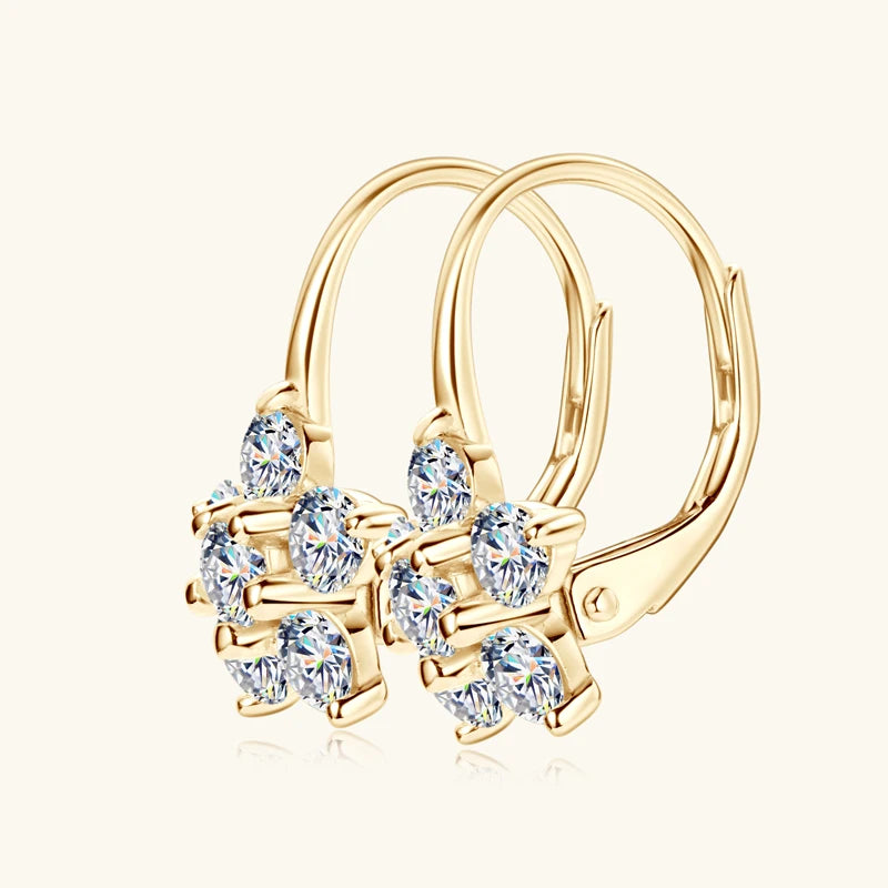 Flower Cluster Moissanite Leverback Earrings in Sterling Silver — Gold-tone reverse