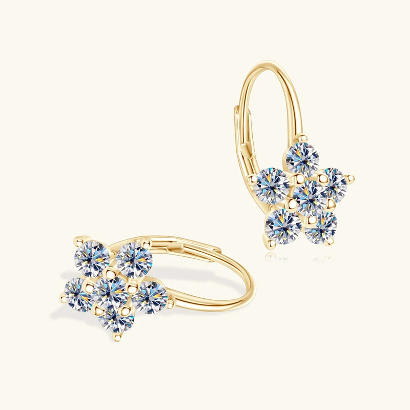 Flower Cluster Moissanite Leverback Earrings in Sterling Silver — Gold-tone pair