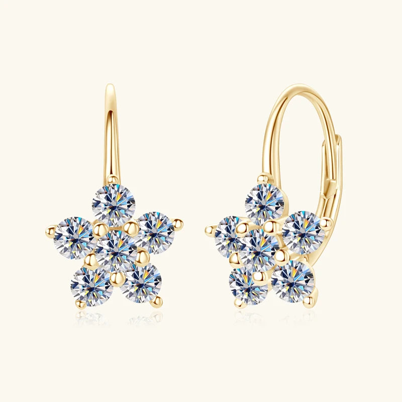 Flower Cluster Moissanite Leverback Earrings in Sterling Silver — Gold-tone finish