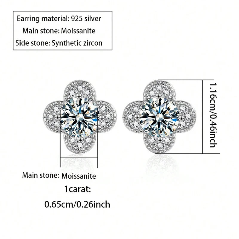 Clover Moissanite Stud Earrings with Zircon Accents in Silver — Clover dimensions and stone layout
