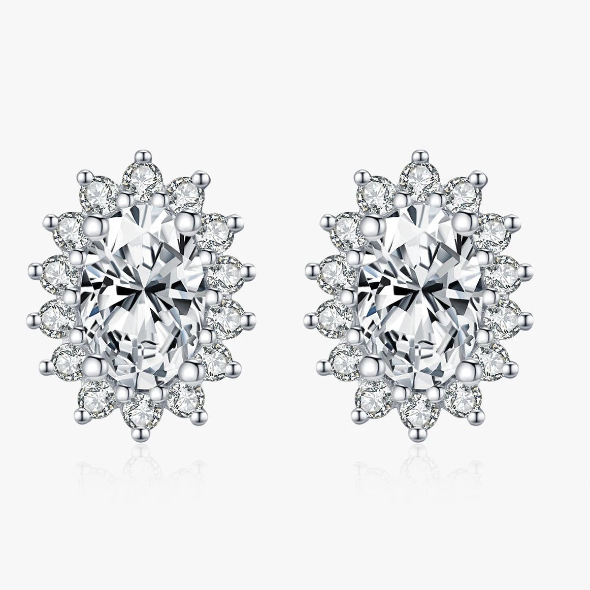Oval Moissanite Floral Halo Stud Earrings in Sterling Silver - Oval centers and floral halo fronts