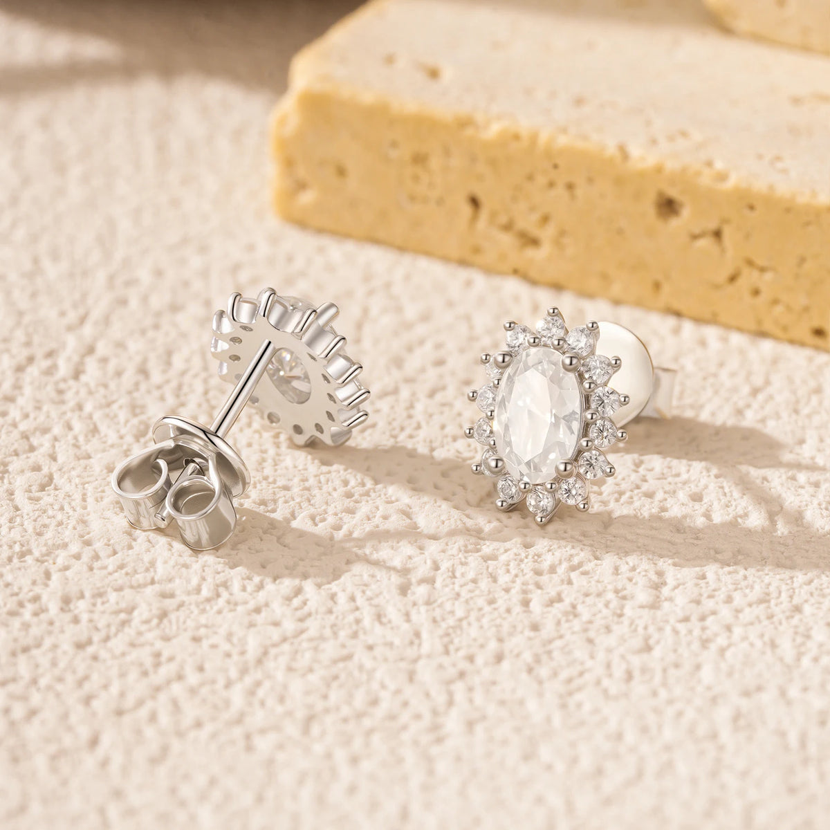 Oval Moissanite Floral Halo Stud Earrings in Sterling Silver - Rear settings and posts