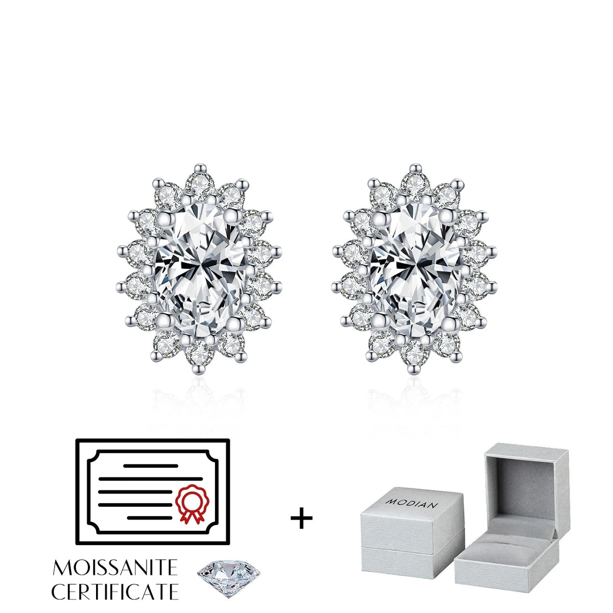 Oval Moissanite Floral Halo Stud Earrings in Sterling Silver - Oval halo pair with packaging illustration