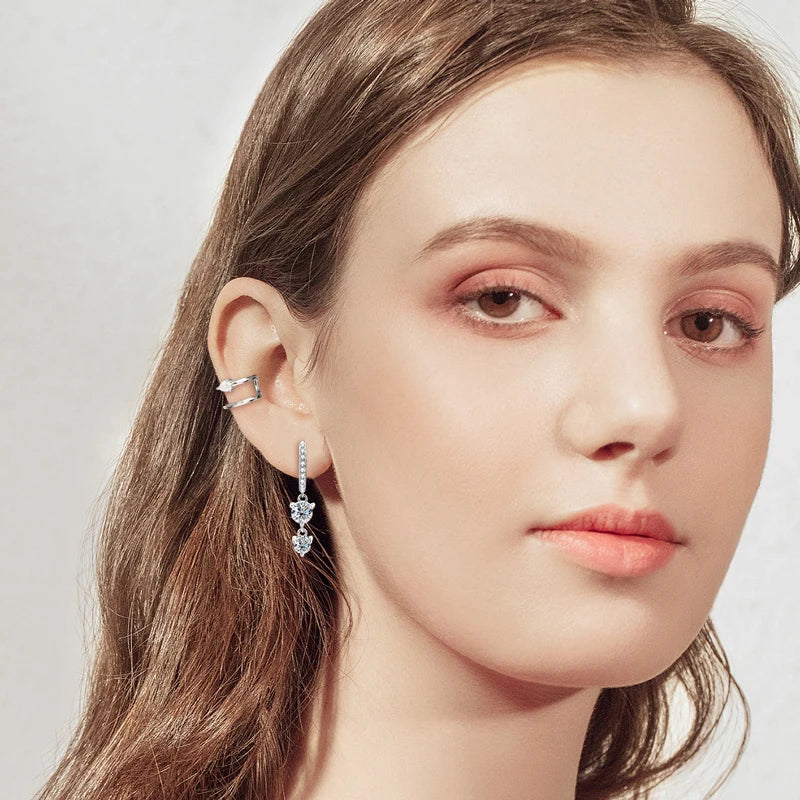 Two-Stone Moissanite Hoop Drop Earrings in Sterling Silver — Drops worn on the ear