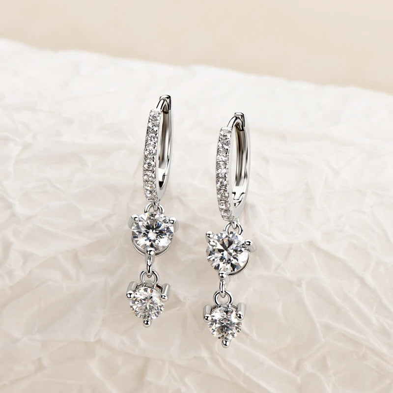 Two-Stone Moissanite Hoop Drop Earrings in Sterling Silver — Silver hoop pair