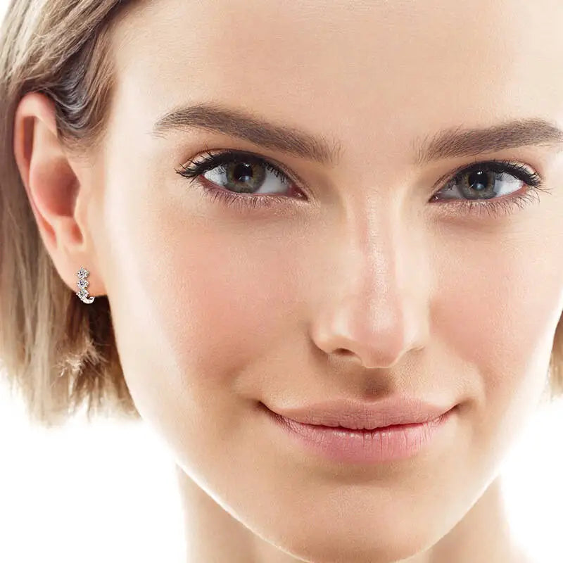 Colored Three-Stone Moissanite Hoop Earrings in Silver — Hoops worn