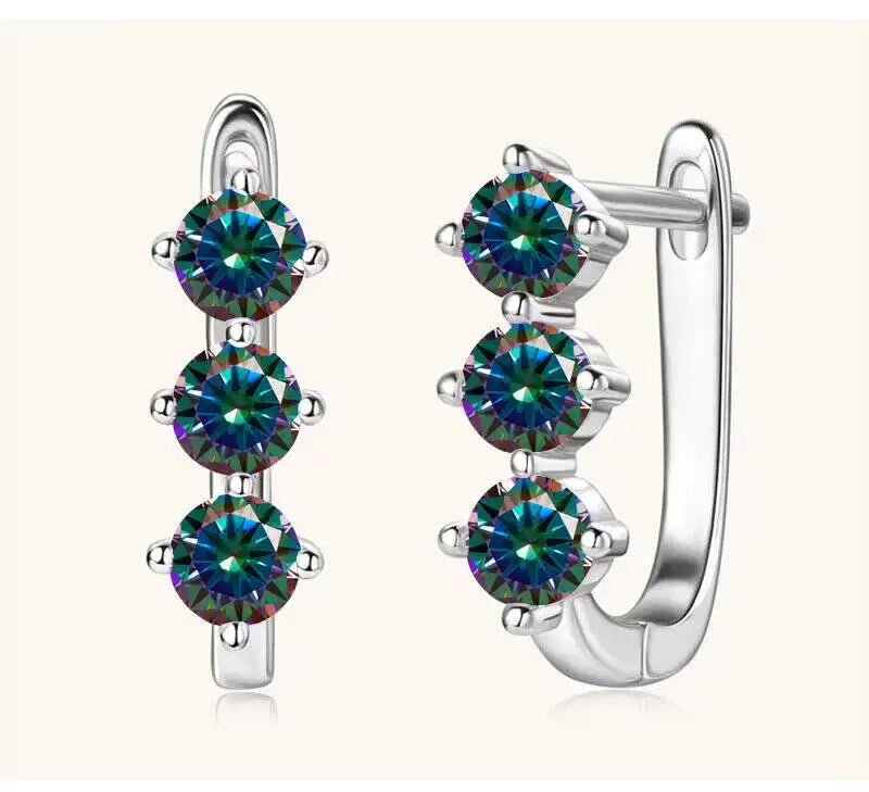Colored Three-Stone Moissanite Hoop Earrings in Silver — Rainbow silver pair
