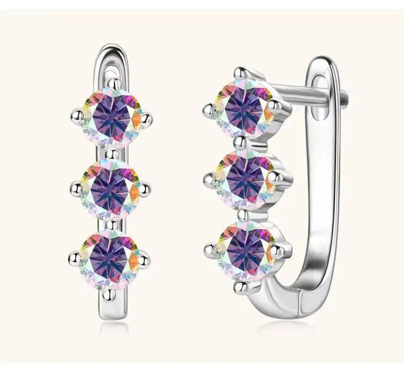 Colored Three-Stone Moissanite Hoop Earrings in Silver — Multicolor silver pair