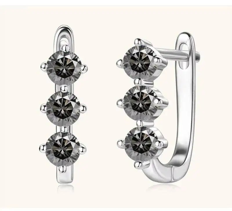 Colored Three-Stone Moissanite Hoop Earrings in Silver — Gray silver pair
