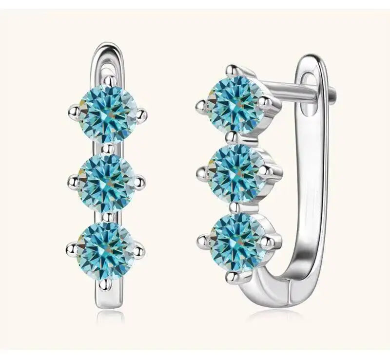 Colored Three-Stone Moissanite Hoop Earrings in Silver — Blue silver pair