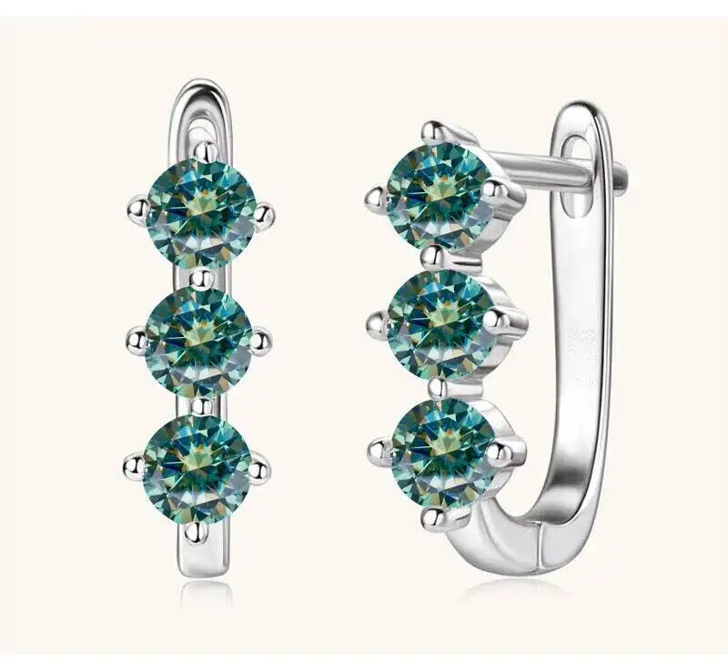 Colored Three-Stone Moissanite Hoop Earrings in Silver — Blue green silver pair
