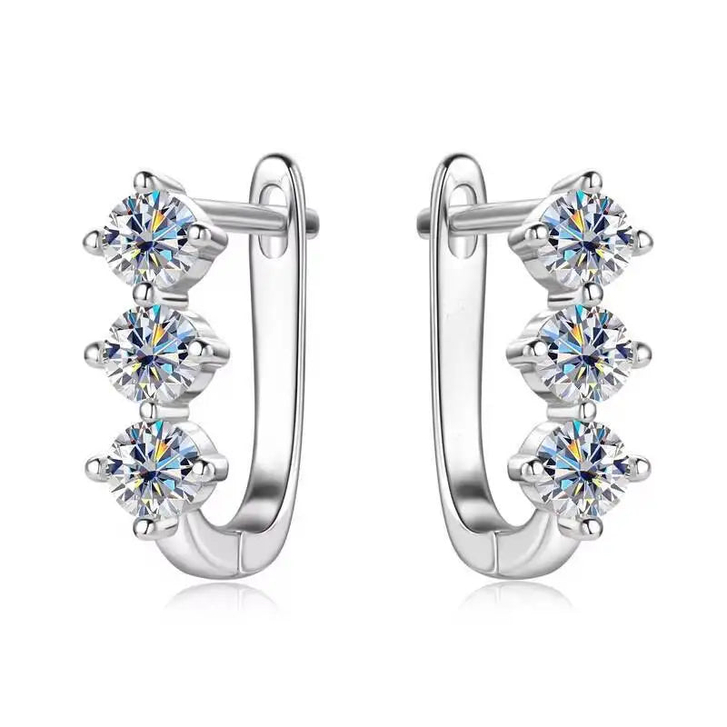 Colored Three-Stone Moissanite Hoop Earrings in Silver — White stones in silver hoops