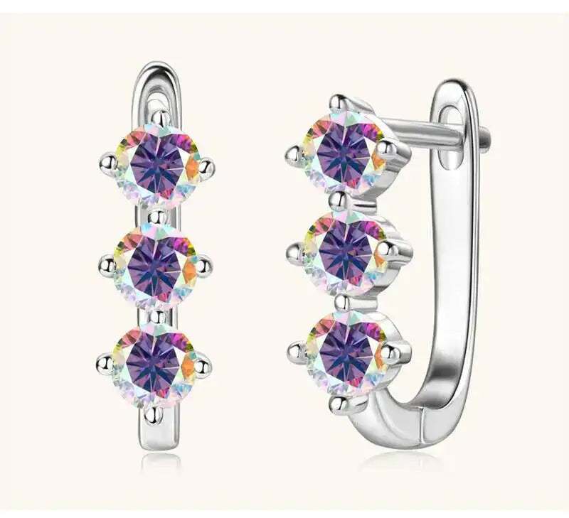 Colored Three-Stone Moissanite Hoop Earrings in Silver — Multicolor silver pair