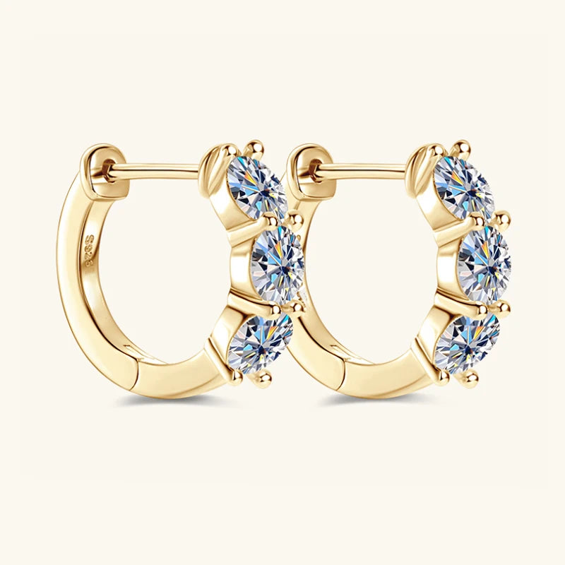 Three-Stone Moissanite Hoop Earrings in Sterling Silver — Gold-tone option